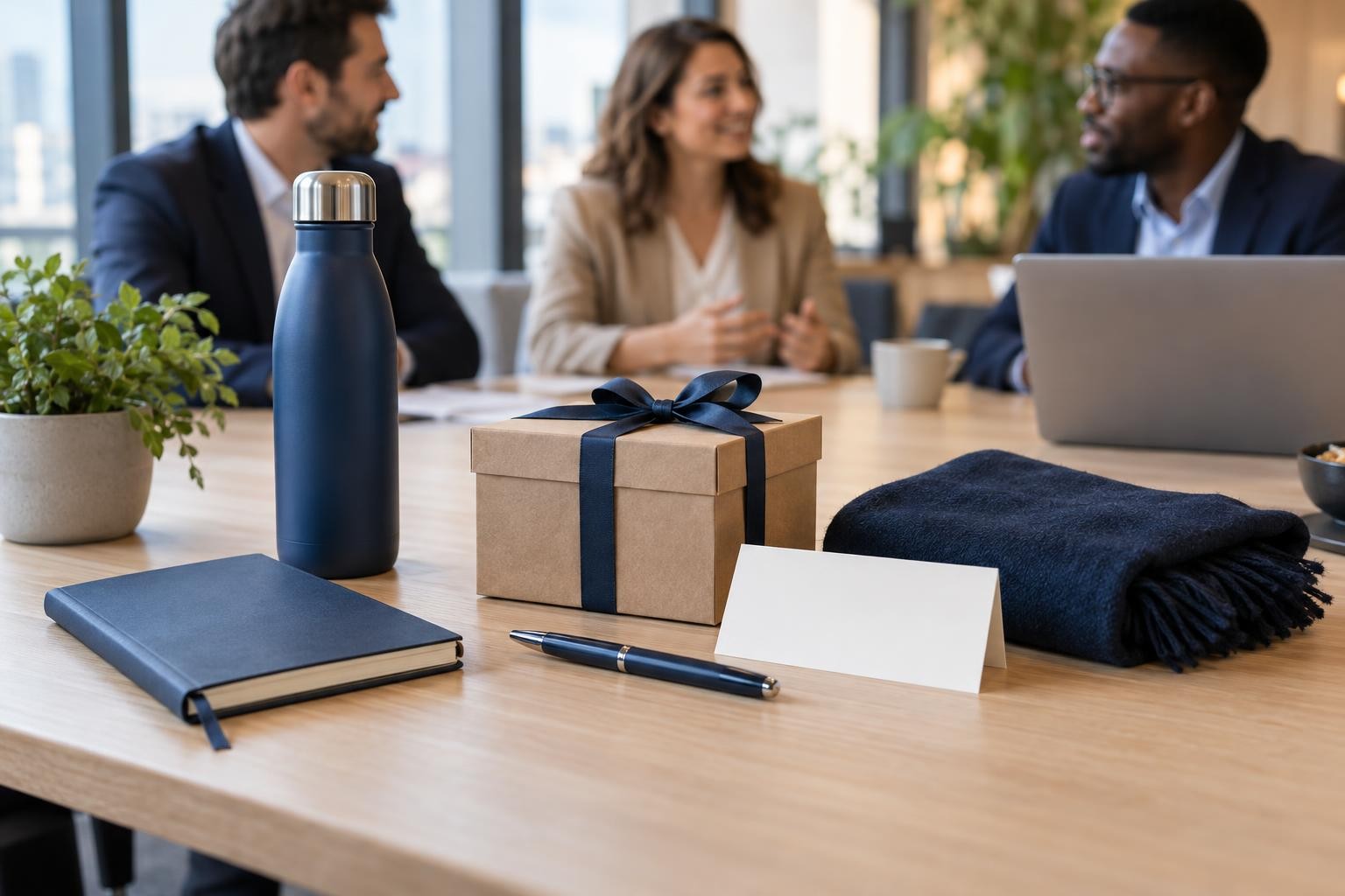 Exemples sobres de cadeaux d’affaires sur une table de réunion